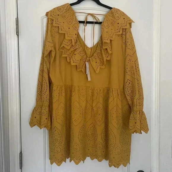 NWT Topshop Broderie Eyelet Ruffle Long Sleeve Minidress Yellow Sz 8 - Picture 11 of 14